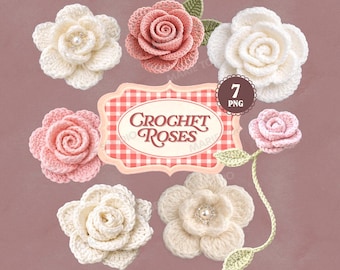 Crochet Rose PNG Clipart Set, Handmade Yarn Flowers, Vintage Floral Appliques, Cottagecore Craft Graphics, Romantic Fiber Digital Scrapbook