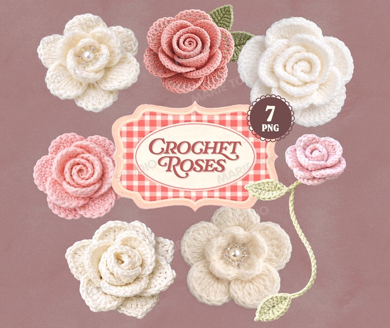 Puede incluir: Una colecci&oacute;n de siete rosas de ganchillo en varios tonos de blanco y rosa, con hojas verdes. La imagen incluye un letrero que dice "Crochet Roses". Algunas rosas tienen detalles de perlas. El fondo es malva apagado.
