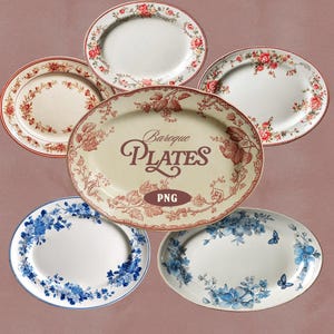 Może przedstawiać: Asortyment owalnych talerzy z kwiatowymi wzorami. Talerze mają różne schematy kolorów, w tym czerwone, różowe i niebieskie wzory kwiatowe na białym tle. Jeden talerz ma napis "Baroque Plates".