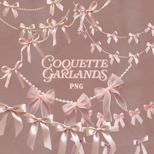 Può includere: Una collezione di fiocchi rosa in raso e velo, alcuni infilati su ghirlande di perle, su uno sfondo rosa tenue. Il testo "Coquette Garlands PNG" è visualizzato in un carattere decorativo.