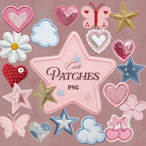 May include: A collection of embroidered patches in various shapes, including hearts, stars, butterflies, clouds, and flowers. The patches are in shades of pink, blue, gold, and white, with the text "Cute Patches PNG" on a pink star.