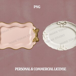 May include: Two decorative serving pieces. A pink rectangular tray with gold bow handles and trim, and a white oval plate with bow and floral accents. The image includes the text "high res", "PNG", and "300 DPI".