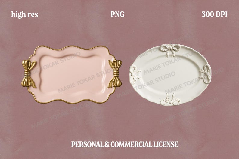 May include: Two decorative serving pieces. A pink rectangular tray with gold bow handles and trim, and a white oval plate with bow and floral accents. The image includes the text "high res", "PNG", and "300 DPI".