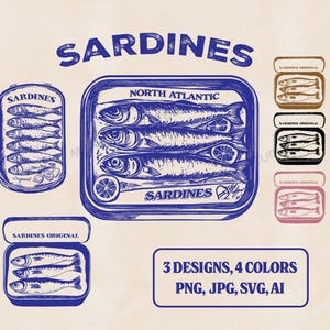 Vintage Sardinen in einer Dose Vektor-Illustrationen-Set, Fisch Clipart, 4 Farben png, jpg, svg, Vektor Digitale Fischkunstdrucke, Küsten Dekor
