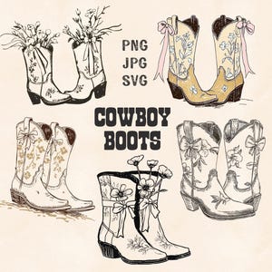 Hand gezeichnet Cowboy Stiefel Clipart Bundle | Florale Cowgirl Stiefel Illustrationen PNG JPG SVG & Ai | Vintage Western Grafikdesign, Girl Power
