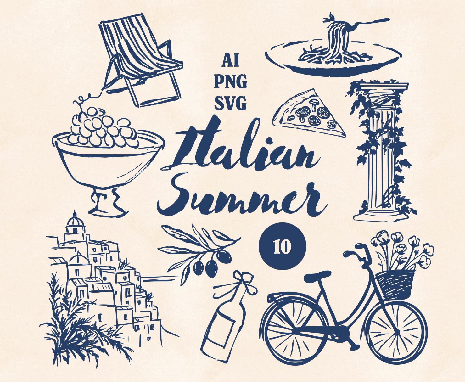 Italian Summer Clipart Set of 10 Line Art Illustrations SVG & PNG ...