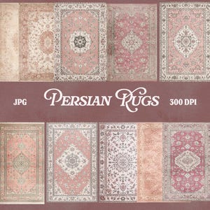 May include: A collection of Persian rugs in various designs and colors, including pink, cream, and beige. The rugs feature intricate patterns and central medallions. The image includes the text "Persian Rugs" and "300 DPI".
