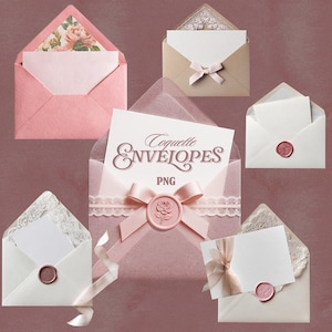 Könnte beinhalten: Eine Sammlung dekorativer Umschläge in verschiedenen Rosa- und Cremetönen. Einige Umschläge sind mit Spitze, Bändern und Wachssiegeln verziert. Ein Umschlag trägt den Text "Coquette Envelopes PNG". Die Umschläge sind geöffnet und zeigen leere Karten und Blumenmuster.