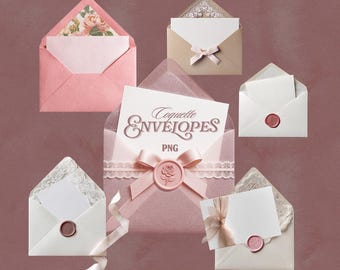 Peut inclure: Plusieurs enveloppes décoratives roses et crème. Certaines sont ornées de dentelle, de rubans et de cachets de cire. L'une d'elles affiche le texte "Coquette Envelopes PNG". Les enveloppes sont ouvertes, révélant des cartes vierges et des motifs floraux.