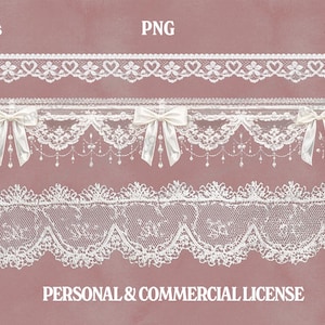 May include: White lace trim designs on a pink background. The image shows several lace patterns, including one with heart shapes and another with bows and dangling beads. Text at the top reads "high res", "PNG", and "300 DPI". The bottom text reads "PERSONAL & COMMERCIAL LICENSE".