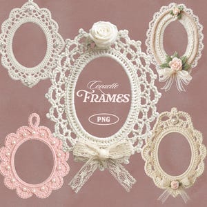 Könnte beinhalten: Eine Sammlung von fünf Häkelrahmen in verschiedenen Designs und Farben. Die Rahmen umfassen ovale und runde Formen mit Details wie Perlen, Schleifen und floralen Akzenten. Der Text "Coquette Frames" ist auf einem Rahmen sichtbar.