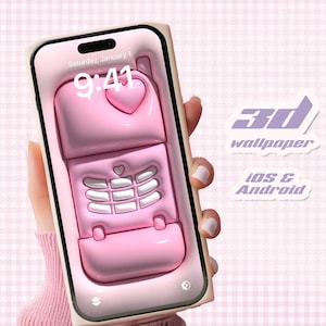 May include: A pink 3D phone wallpaper for iOS and Android. The wallpaper features a pink rotary phone with a heart on the receiver and a heart on the keypad. The phone is on a white background with a pink and white checkered pattern.