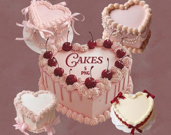 Coquette Heart Cake PNG Clipart, Vintage Pink Cakes with Cherries, Romantic Dessert Graphics for Valentine Branding and Scrapbook Projects