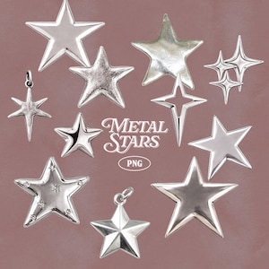 Op de afbeelding: Een verzameling zilveren metalen sterbedels in verschillende maten en ontwerpen, waaronder vijfpuntige sterren en sterrenburstvormen. De afbeelding bevat de tekst "METAL STARS" en "PNG". De sterren staan tegen een gedempte, roodachtig bruine achtergrond.