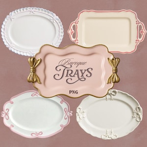 May include: An assortment of decorative trays in various shapes and colors. The trays include oval and rectangular designs, with details like bows and scalloped edges. The central tray is pink with gold accents and the text "Baroque Trays".