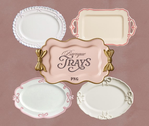 Vintage Tray PNG Bundle | 5 Baroque Ceramic Cliparts | Realistic Porcelain Trays with Bows for Elegant & Feminine Romantic Scrapbooking