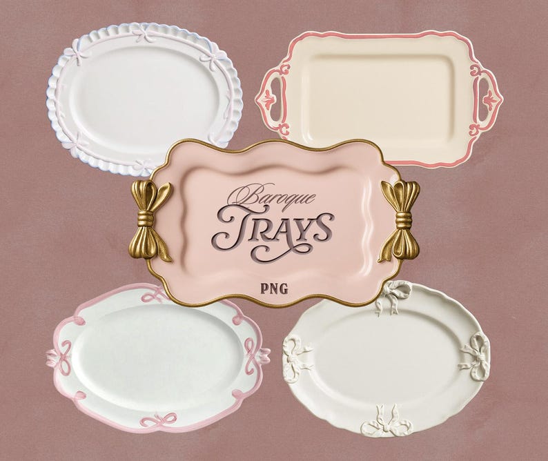 May include: An assortment of decorative trays in various shapes and colors. The trays include oval and rectangular designs, with details like bows and scalloped edges. The central tray is pink with gold accents and the text "Baroque Trays".