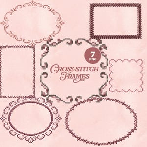 Könnte beinhalten: Eine Sammlung von sieben Kreuzstichrahmen in verschiedenen Formen, darunter ovale, rechteckige und quadratische Designs. Die Rahmen sind in Rosa- und Brauntönen gehalten und weisen aufwendige Stichdetails auf. Der Text "Cross-Stitch Frames" ist ebenfalls sichtbar.