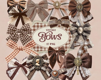 Vintage Schleifen PNG Bundle - 17 Spitzen und Band Clipart mit Broschen, Karo- und Satin-Details für Scrapbooking, Kunsthandwerk und digitale Projekte