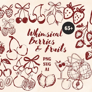 63 Whimsical Fruit Clipart Bundle SVG & PNG | Hand Drawn Line Art Berries Cherries Strawberries Lemons Pomegranates for Crafts Illustrations