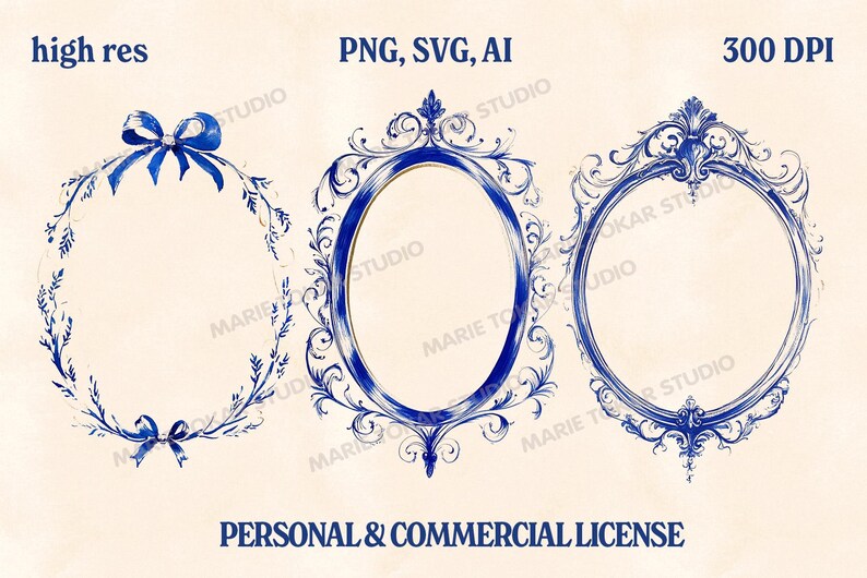 Blue Ink Hand Drawn Whimsical Frame Clipart Set in PNG, JPG, SVG, Ai ...