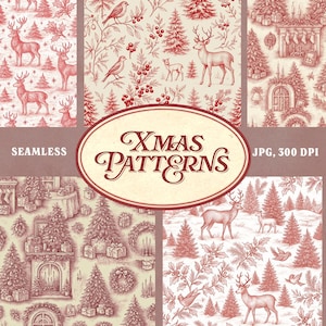 May include: Red and cream seamless Christmas patterns featuring deer, birds, and festive decorations. The text "XMAS PATTERNS" is displayed in a decorative font. The patterns are suitable for various holiday projects.