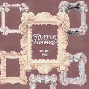 May include: A collection of decorative frames with ruffled edges and bow accents. The frames feature a variety of patterns, including gingham and solid colors, in shades of cream, pink, and white. The text "RUFFLE FRAMES" is displayed in the center.