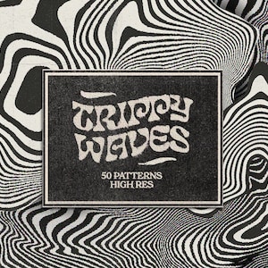 Puede incluir: Un diseño gráfico en blanco y negro con un patrón de ondas psicodélicas. El texto "Trippy Waves" está en una fuente retro con las palabras "50 Patterns High Res" debajo.