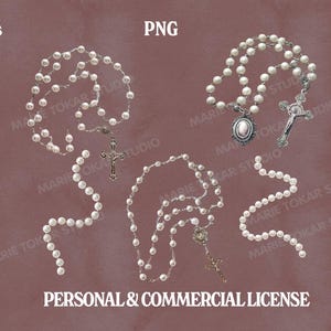 May include: Several rosaries with white beads and silver crucifixes are displayed against a muted maroon background. The image includes text that reads "high res", "PNG", and "300 DPI". The words "PERSONAL & COMMERCIAL LICENSE" are also visible.