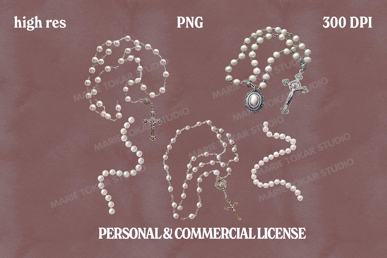 May include: Several rosaries with white beads and silver crucifixes are displayed against a muted maroon background. The image includes text that reads "high res", "PNG", and "300 DPI". The words "PERSONAL & COMMERCIAL LICENSE" are also visible.