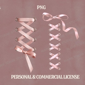 May include: Two pink ribbon corset designs with silver eyelets and bows, set against a mauve background. The image includes the text "high res", "PNG", "300 DPI", and "PERSONAL & COMMERCIAL LICENSE".