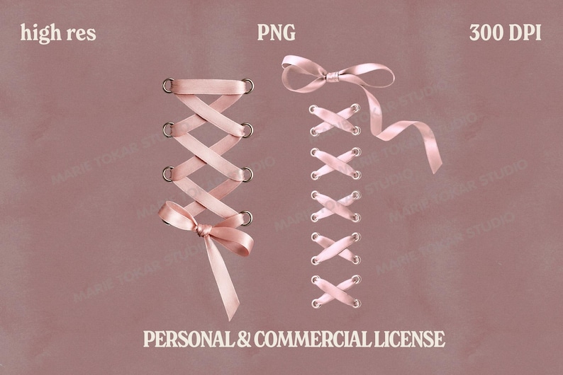 May include: Two pink ribbon corset designs with silver eyelets and bows, set against a mauve background. The image includes the text "high res", "PNG", "300 DPI", and "PERSONAL & COMMERCIAL LICENSE".