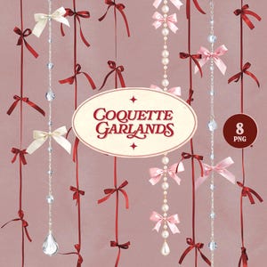 以下が含まれることがあります： 赤、クリーム、ピンクのリボン、クリスタルビーズ、パールアクセントが付いた装飾的なガーランドのデジタル画像。画像には「Coquette Garlands」と「8 PNG」のテキストがピンク色の背景に表示されています。ガーランドは垂直に吊り下げられています。