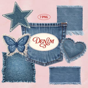 May include: A selection of denim patches and embellishments in various shapes, including a star, butterfly, and heart. The patches are in shades of blue denim with frayed edges and white stitching. The word "Denim" is written in red script on an oval patch.