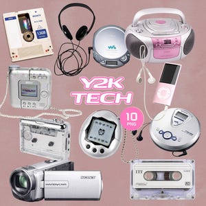 May include: A collection of Y2K tech gadgets, including a Sony MiniDisc player, headphones, a CD player, a pink and silver boombox, an iPod, a digital camera, a Tamagotchi, a cassette player, a camcorder, and a cassette tape. The text "Y2K TECH" is displayed.