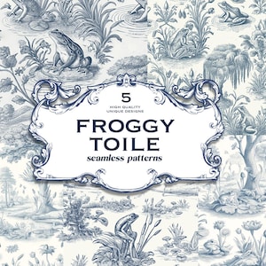 TÉLÉCHARGEMENT IMMÉDIAT 5 motifs sans couture grenouille en toile française – Motifs grenouille d'inspiration vintage en JPG de haute qualité, parfaits pour le tissu, le papier peint,