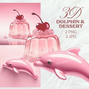 3D Y2K schattige kawaii glanzende dolfijn en dessert clipart – glanzend roze png- en jpg-ontwerpen voor digitale kunst, scrapbooking en creatieve projecten