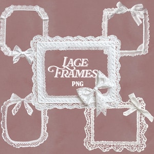 5 Romantic Lace Frame Clipart PNG | Vintage Coquette Bows & Lace Border Graphics for Scrapbooking, Journals, Wedding Invitations, Baroque