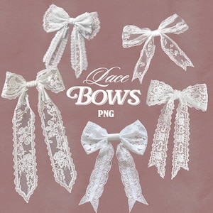 Op de afbeelding: Verschillende witte kanten strikken in verschillende ontwerpen worden getoond tegen een gedempte roze achtergrond. De strikken hebben ingewikkelde bloempatronen en delicate randen. De tekst "Lace BOWS PNG" is ook zichtbaar.