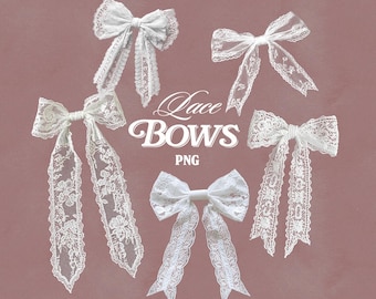 Romantic Coquette Lace Bow Clipart Pack – 6 Vintage White PNG Bows for Scrapbooking, Stickers, Journaling & Girly Digital Baroque Wedding