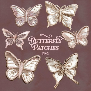 Pode incluir: Seis patches de borboleta bordados em tons de dourado metálico e rosa pálido, dispostos em um padrão circular. O texto BUTTERFLY PATCHES PNG está centralizado no meio. Cada borboleta apresenta detalhes intrincados nas asas e costuras.