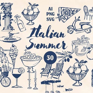 30 Whimsical Italian Summer Illustrations SVG PNG AI, Hand Drawn Line Art Clipart of Food, Travel, Coastal, Landscape & Decor Elements Ocean