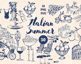 30 Whimsical Italian Summer Illustrations SVG PNG AI, Hand Drawn Line Art Clipart of Food, Travel, Coastal, Landscape & Decor Elements Ocean