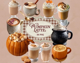 Pumpkin Latte PNG Bundle – 10 Cozy Fall Coffee Clipart with Whipped Cream, Spices and Autumn Mugs for Scrapbooking, Crafts and Sublimation