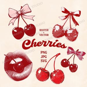 May include: A set of digital illustrations of red cherries with bows. The cherries are in various poses, including a cherry with a mouth open, a cherry with a bow on top, and a cherry with a bow on the stem. The text "Cherries" is written in a retro font.