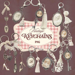 May include: A collection of vintage keychains with various charms, including cameo pendants, miniature high-heeled shoes, and decorative tassels. The keychains are silver-toned and feature intricate details. The image includes the text "Vintage Keychains PNG".