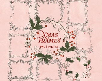 Può includere: Una collezione di cornici e ghirlande a tema natalizio in stile acquerello. I disegni presentano foglie di agrifoglio, bacche rosse e delicate linee artistiche. Il testo "Xmas Frames" è visualizzato in un carattere decorativo, con informazioni sul tipo di file.