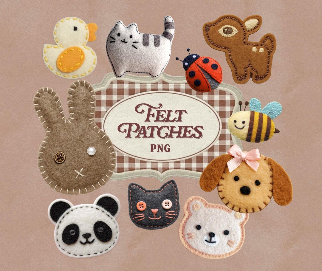 Animal Felt Patches PNG Bundle – 10 Cute Clipart Designs With Bunny ...