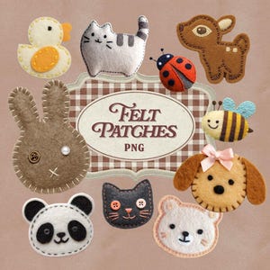 Puede incluir: Una colección de parches de animales de fieltro, que incluyen un pato, un gato, un ciervo, una mariquita, una abeja, un conejo, un perro, un panda, un gato negro y un oso. Los parches son de varios colores y presentan detalles cosidos. Se muestra el texto "Felt Patches PNG".