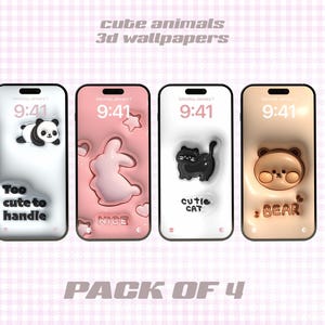 Peut inclure: Un pack de quatre fonds d'écran pour téléphone avec des motifs d'animaux mignons. Les fonds d'écran sont dans une palette de couleurs blanche, rose et beige. Le texte sur les fonds d'écran est "Too cute to handle", "Nice", "Cutie Cat" et "Bear".